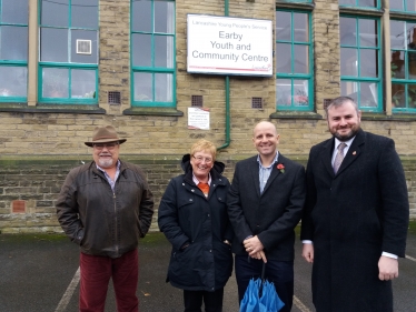 Cllr Mike Goulthorp, Cnty Cllr Jenny Purcell, Ian Lyons and Andrew Stephenson MP outside Earby Library